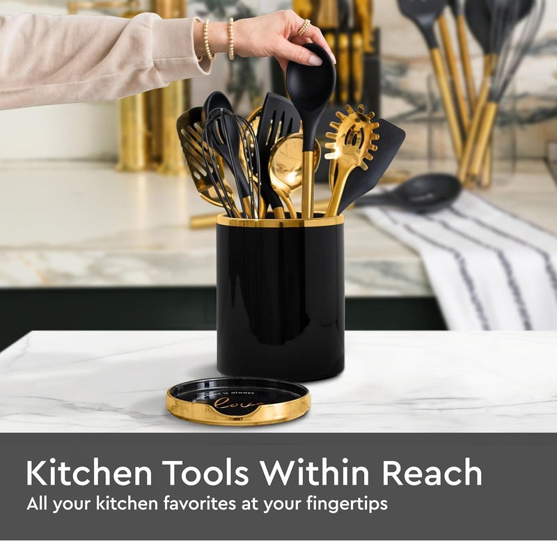 styled settings Black and Gold Utensil Holder with Built-in Spoon Rest - 2 PC Large Ceramic Utensil Holder Includes Black & Gold Spoon Rest - Luxury Kitchen Accessories - Utensils Not Included - Image 5